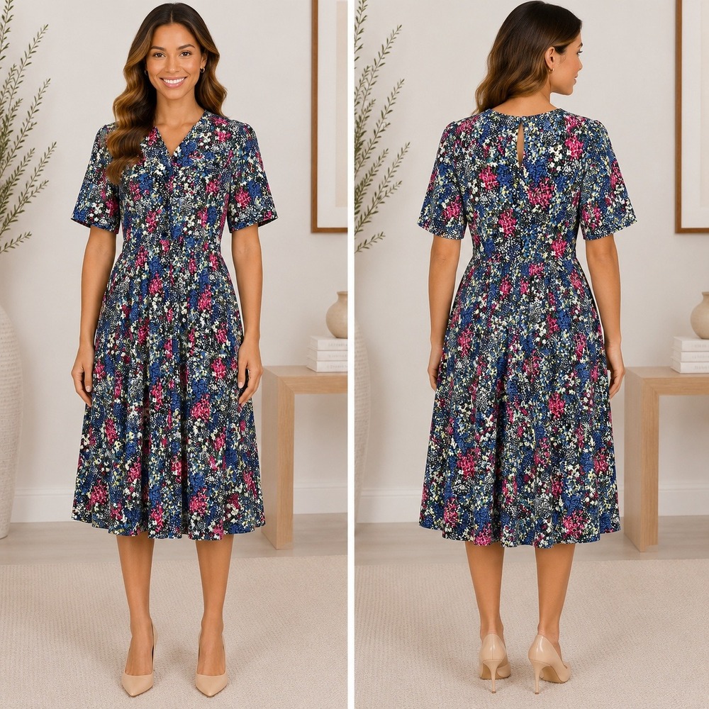 Orvis Vintage Floral Midi Dress Multicolored Short Sleeve Button Up Cottagecore